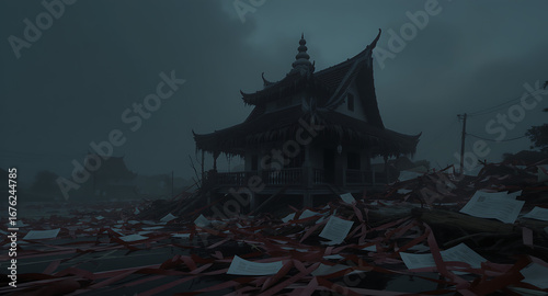 Traditional Asian building amidst widespread disaster debris under dark, stormy sky. Aftermath of catastrophe, resilience.