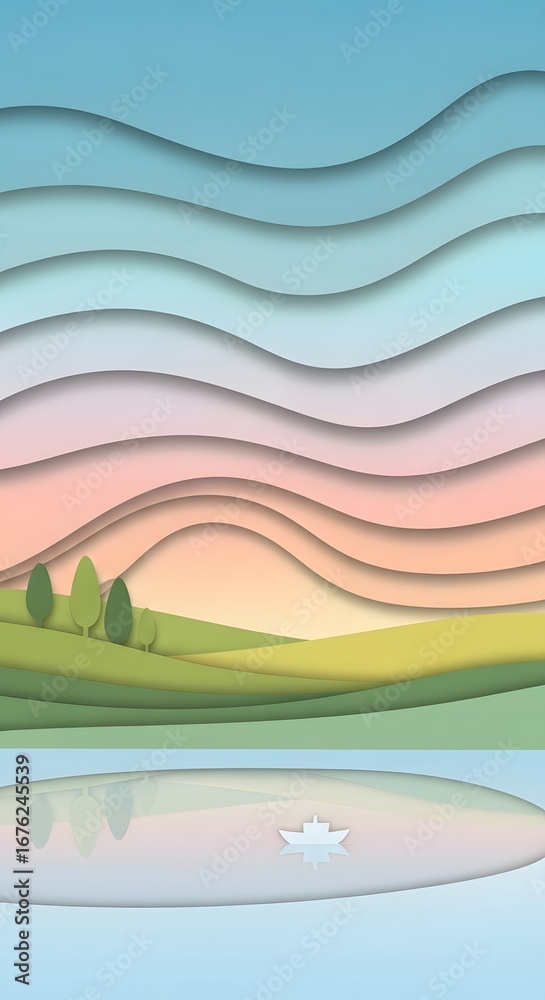 Obraz premium Abstract landscape with layered wavy shapes in pastel colors and a calm body of water