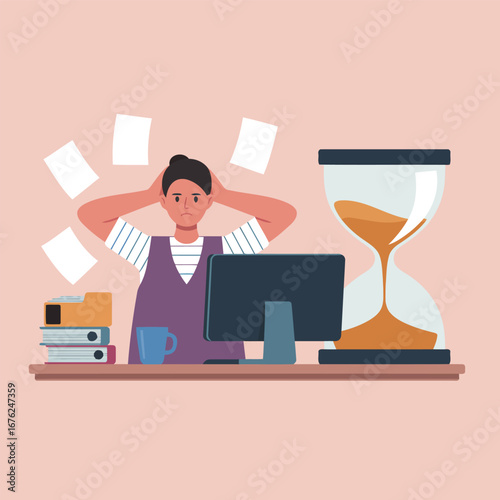 Overwhelmed person at desk with hourglass and flying papers Illustration
