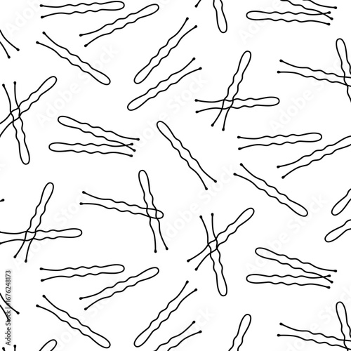 Hair pin seamless pattern. Hair bun clips doodle background. Modern trendy hair accessories, simple hair styling tools design. Vector texture