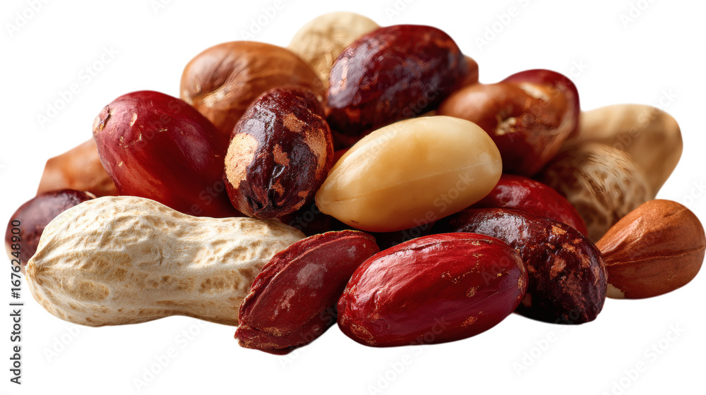Obraz premium Assorted nuts including peanuts hazelnuts and tiger nuts isolated on white background high angle shot close up