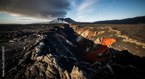 Volcanic landscape with a smoking volcano in the distance under a partly cloudy sky