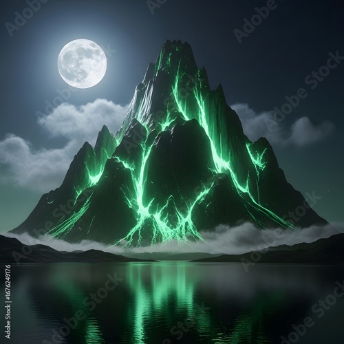 Glowing mountain under a full moon reflected in a serene lake at night, fantasy scene