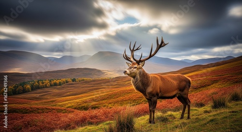 Majestic deer with large antlers in autumn landscape, vibrant red & orange hues, rolling hills, mountains, dramatic sky. AI Generated