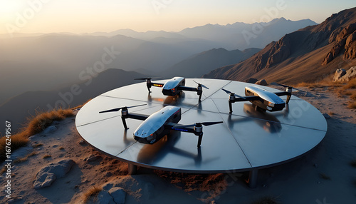 Top-Down View of Futuristic Solar Drone Charging Station on Mountain Plateau