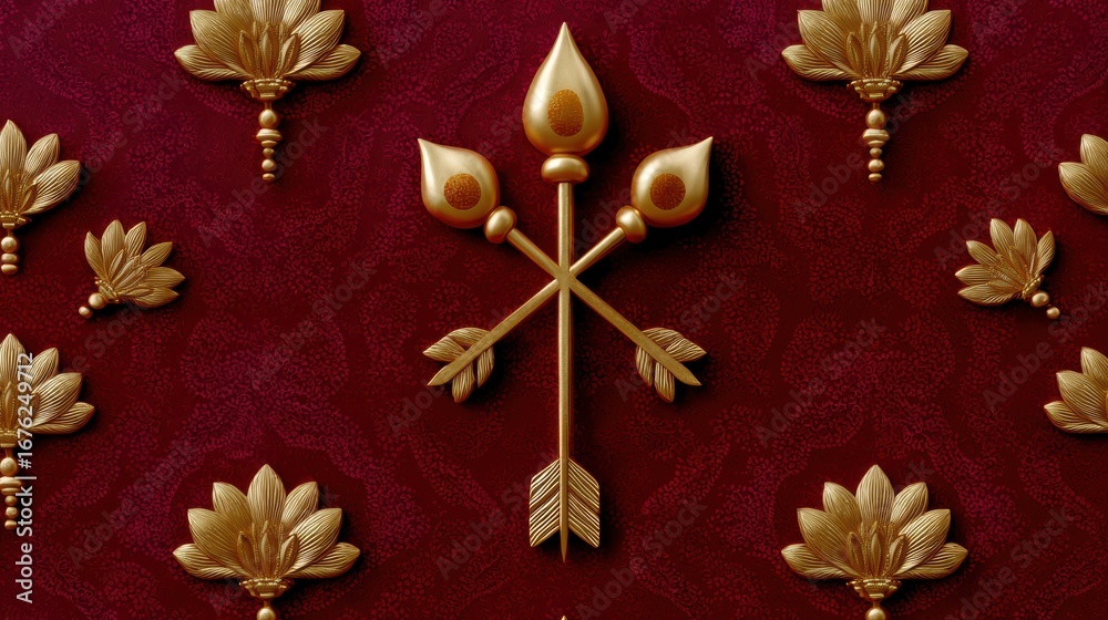 Fototapeta premium indian ornamental pattern, detailed ornamental style with golden bows and arrows, glowing diyas, repeating lotus flowers, and subtle mandala outlines in rich saffron and maroon