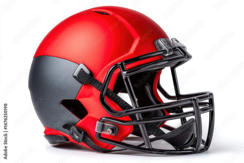 Fototapeta premium Bold red and black football helmet resting on a gleaming surface, symbolizing the thrill of the game and the spirit of teamwork