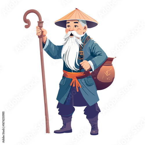 illustration of an old Chinese doctor with a long white beard, a big calabash hanging from his waist