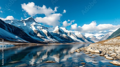 Majestic mountain river with perfect reflection of cliffs.