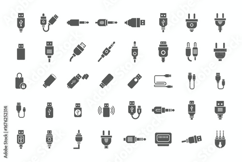 Collection of USB and audio jack connectors and cables icons plug