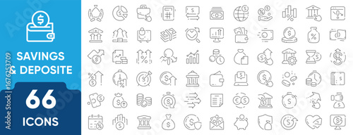Banking Deposit Line Icon Set. Set of 66 outline icons including savings, deposits, banknotes, transactions, vaults, ATM, and financial security. Editable stroke. Linear vector illustration.