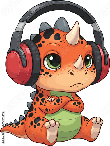 Cute baby dinosaur with headphones sitting cross-legged cartoon style orange skin green belly pouty face modern tech whimsical vector illustration