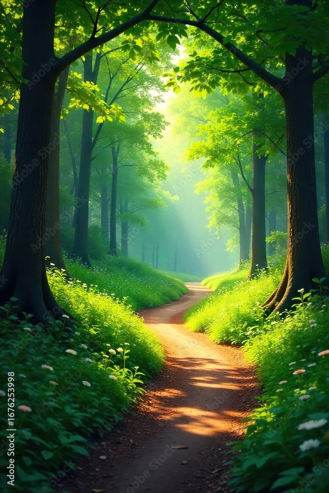 Fototapeta premium A winding, sun-dappled path meanders through a lush green forest, leading towards a bright, unseen destination The air is still and peaceful, promising carefree adventure , wild, foliage, carefree