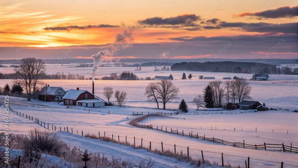 Fototapeta premium Winter Sunrise Over Snowy Countryside Farmhouses