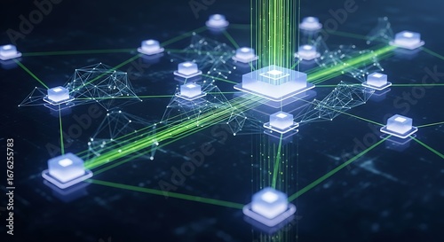 Edge computing network visualization with futuristic data connections and decentralized processing nodes in digital technology concept
