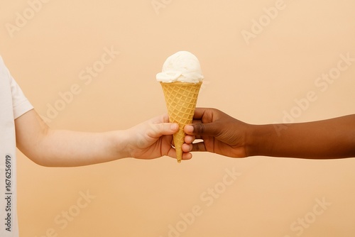 Close-up of two hands, light and dark skin tones, sharing an ice cream cone on pastel background. Symbol of friendship, kindness, unity, and diversity.
