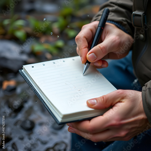 notepad or journal with waterproof pages, being used outdoors in wet conditions while remaining unaffected by water exposure