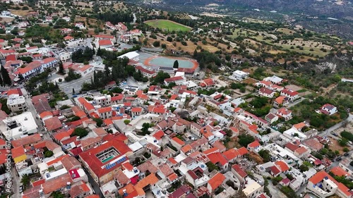 Aerial bird's eye video taken by drone of picturesque village.