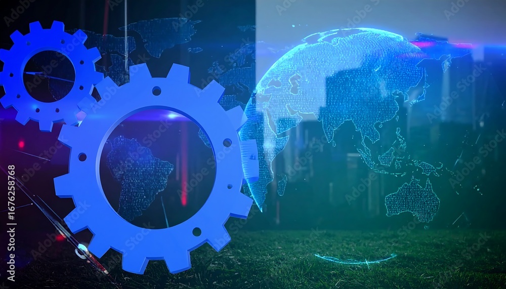 Obraz premium Futuristic gears and a world map