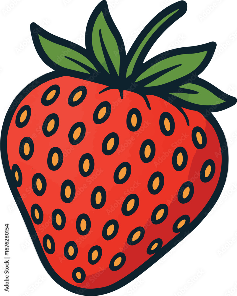 Obraz premium Red Strawberry Illustration Green Leaves Yellow Seeds