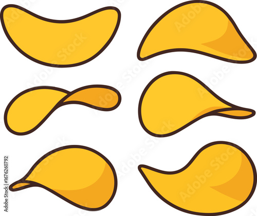 Six Yellow Potato Chips Cartoon Illustration crisps