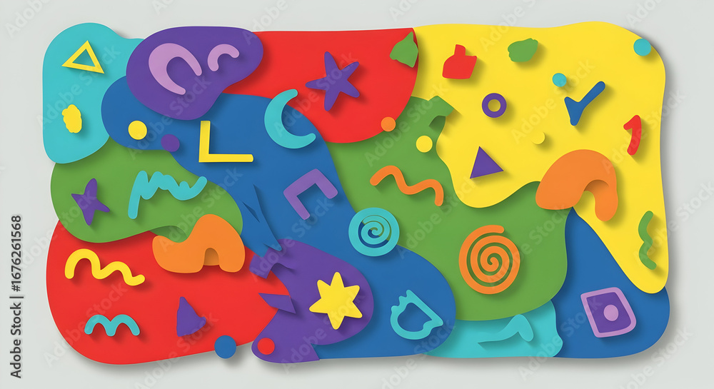 Fototapeta premium Abstract colorful geometric splash composition — bright playful layered shapes, stars and glyphs in multicolor paper-cut style for modern posters, children’s party graphics and creative branding accen