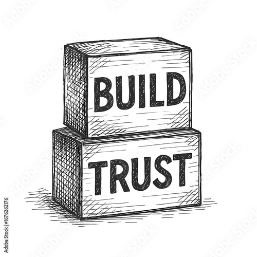 Vintage ink sketch vector illustration of wooden blocks with words "Build Trust", business and team building concept on white background