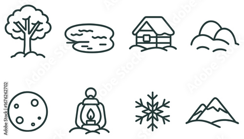 Nature and winter linear icon set. featuring tree, pond, cabin, hills, moon, lantern, snowflake, mountain