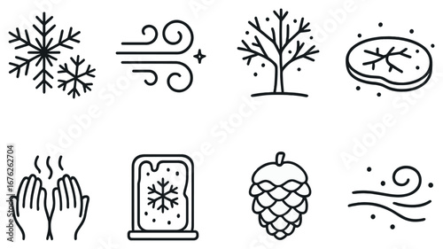 Winter season linear icon set. featuring snowflake, wind, tree, ice, hands, landscape, pinecone symbols
