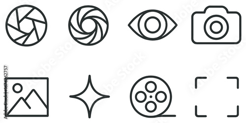 Photography tools linear icon set. featuring lens, shutter, eye, camera, landscape, sparkle, film, frame