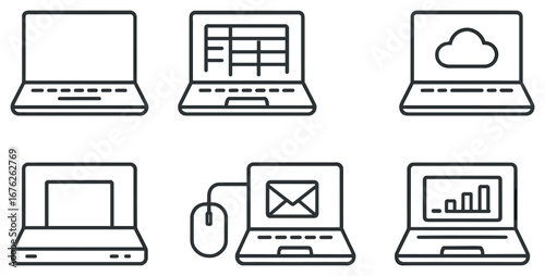 Office technology linear icon set. featuring laptop, spreadsheet, cloud, printer, email, analytics symbols