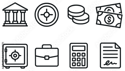 Finance and banking linear icon set. featuring bank, coins, money, vault, briefcase, calculator, and contract symbols