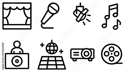 Entertainment and music linear icon set. featuring stage, microphone, spotlight, notes, dj, disco, projector, and reel