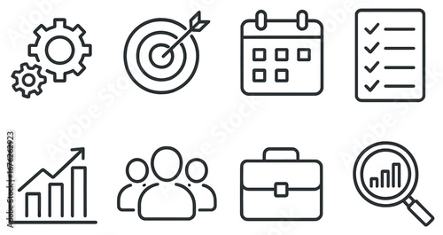 Business dashboard linear icon set. featuring target, calendar, checklist, graph, team, briefcase, magnifying glass