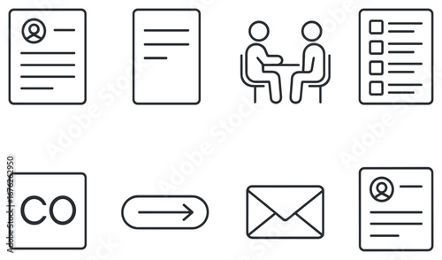 Job application linear icon set. featuring resume, interview, application form, cover letter, and email symbols