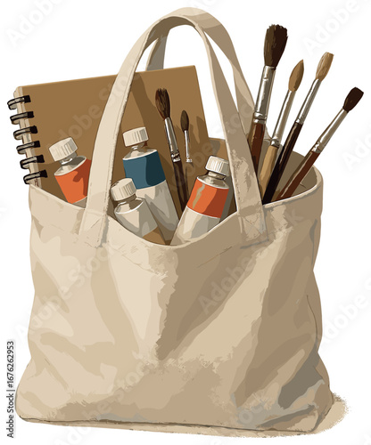 Art supplies 3d icon set. featuring brushes, paint tubes, sketchbook, and tote bag