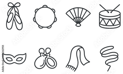 Performance art linear icon set. featuring ballet, tambourine, fan, drum, mask, maracas, scarf, and streamer