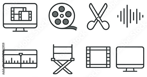 Film and editing linear icon set. featuring camera, reel, scissors, sound wave, clapperboard, director's chair