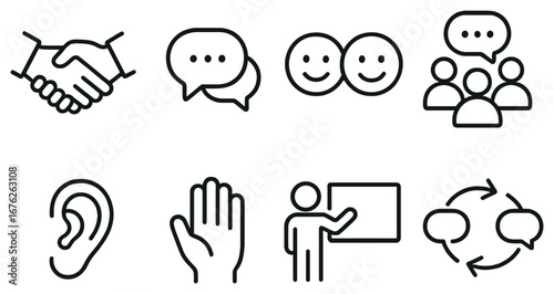 Communication linear icon set. featuring handshake, chat, smile, group, ear, hand, presentation, and discussion symbols