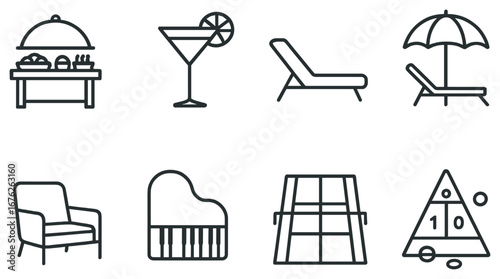 Hotel amenities linear icon set. featuring buffet, cocktail, lounge, umbrella, armchair, piano, pool, billiards