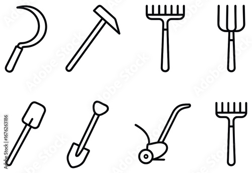 Gardening tools linear icon set. featuring sickle, hammer, rake, pitchfork, spade, trowel, hoe symbols