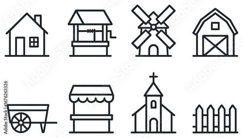 Farm village linear icon set. featuring house, well, windmill, barn, cart, market, church, and fence