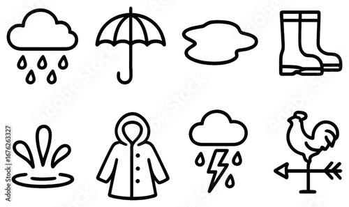 Weather linear icon set. featuring rain, umbrella, cloud, boots, puddle, raincoat, storm, and weather vane symbols