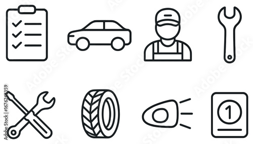 Car maintenance linear icon set. featuring checklist, car, mechanic, wrench, tools, tire, headlight, manual icons
