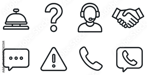 Business communication linear icon set. featuring bell, question, support, handshake, chat, warning, phone, message