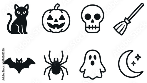 Halloween 3d icon set. featuring cat, pumpkin, skull, broom, bat, spider, ghost, moon