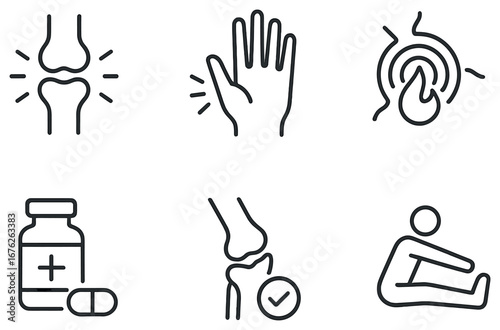 Arthritis and joint care linear icon set. featuring pain, swelling, inflammation, medication, and exercise symbols