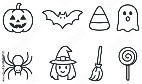 Halloween linear icon set. featuring pumpkin, bat, candy corn, ghost, spider, witch, broom, lollipop