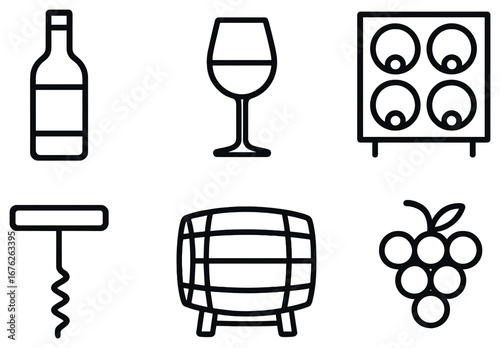 Wine-themed linear icon set. featuring bottle, glass, rack, corkscrew, barrel, and grapes