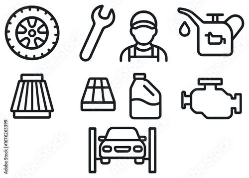 Automotive maintenance linear icon set. featuring tire, wrench, mechanic, oil, filter, engine, and car lift symbols